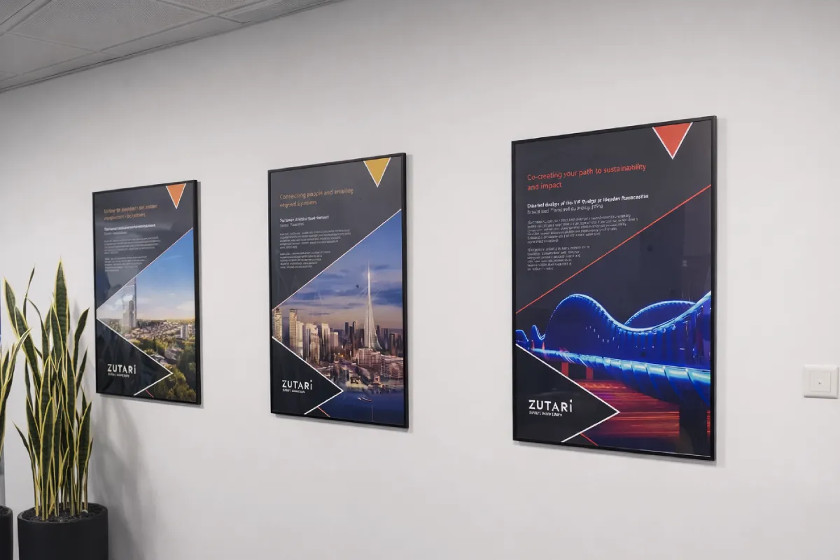 Framed printed wall elements with company policies for Zutari in Cornihe Abu Dhabi