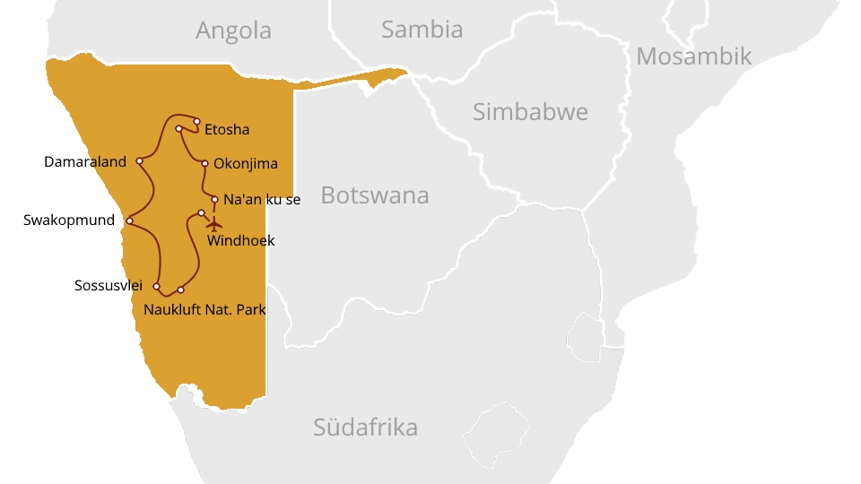 Namibia Rundreise Selbstfahrer - Karte Höhepunkte Namibias mit Zelt und Lodge