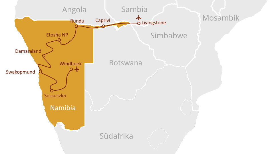 Karte der Rundreise Namibia und Sambesi