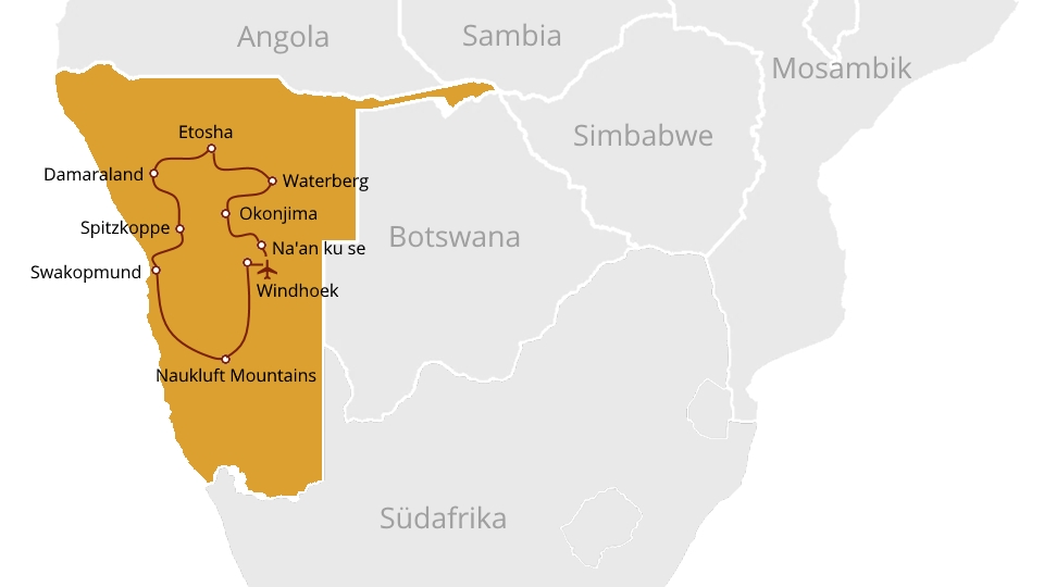 Karte der Selbstfahrerreise Namibia aktiv