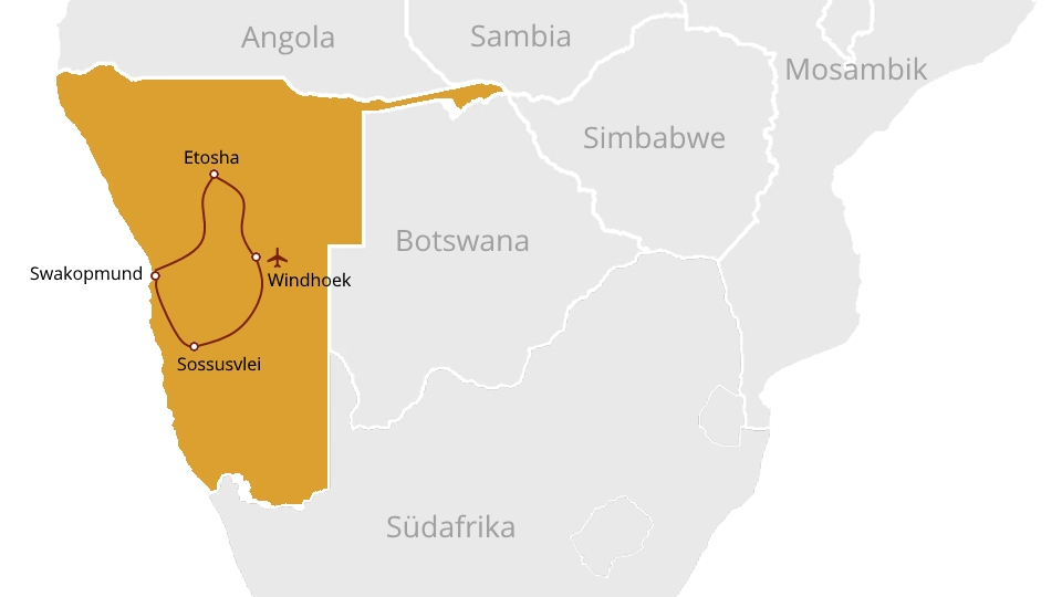 Karte der Selbstfahrerreise Namibia wie aus dem Bilderbuch