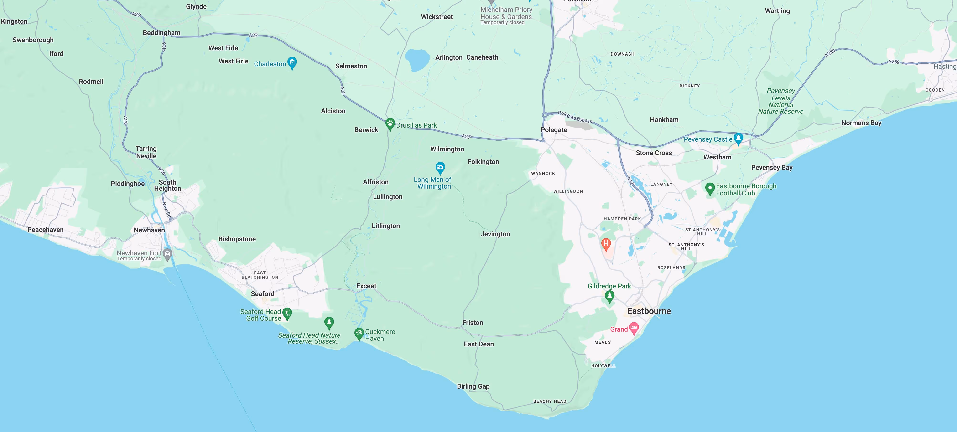 Map showing locations around Eastbourne, England, including roads and nearby towns like Hailsham and Polegate.