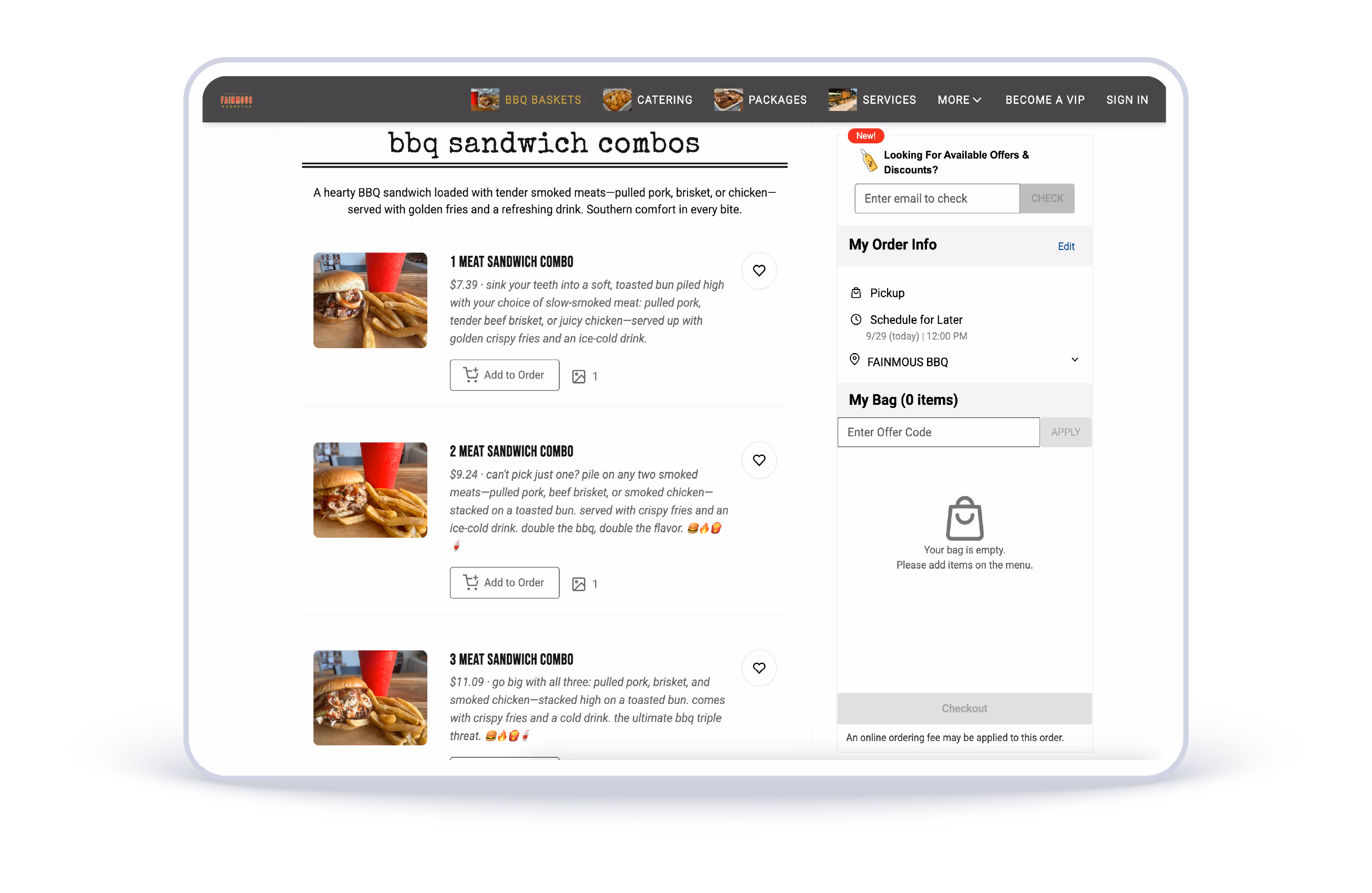 Fainmous BBQ restaurant website with Popmenu