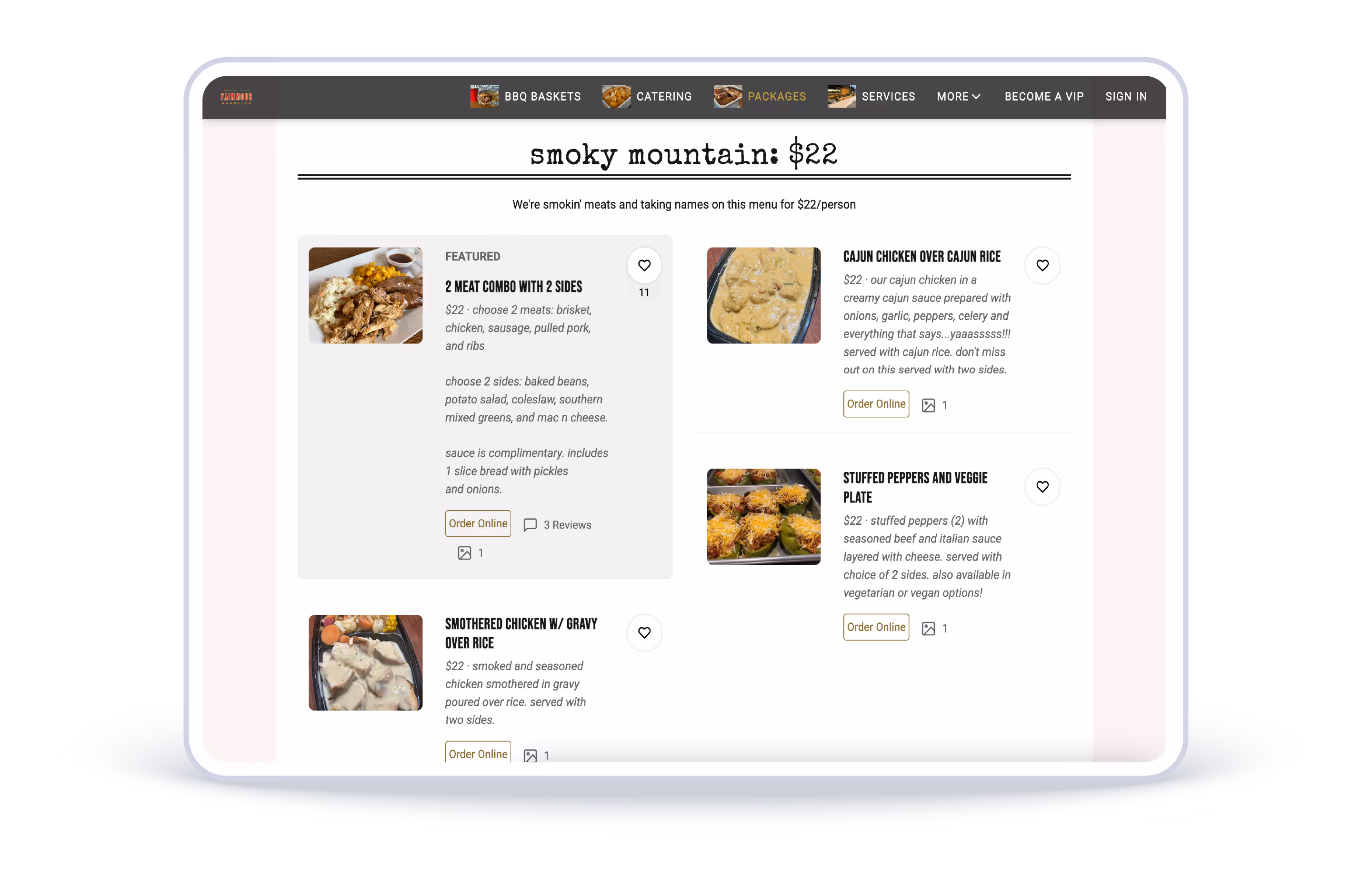 Fainmous BBQ restaurant website with Popmenu