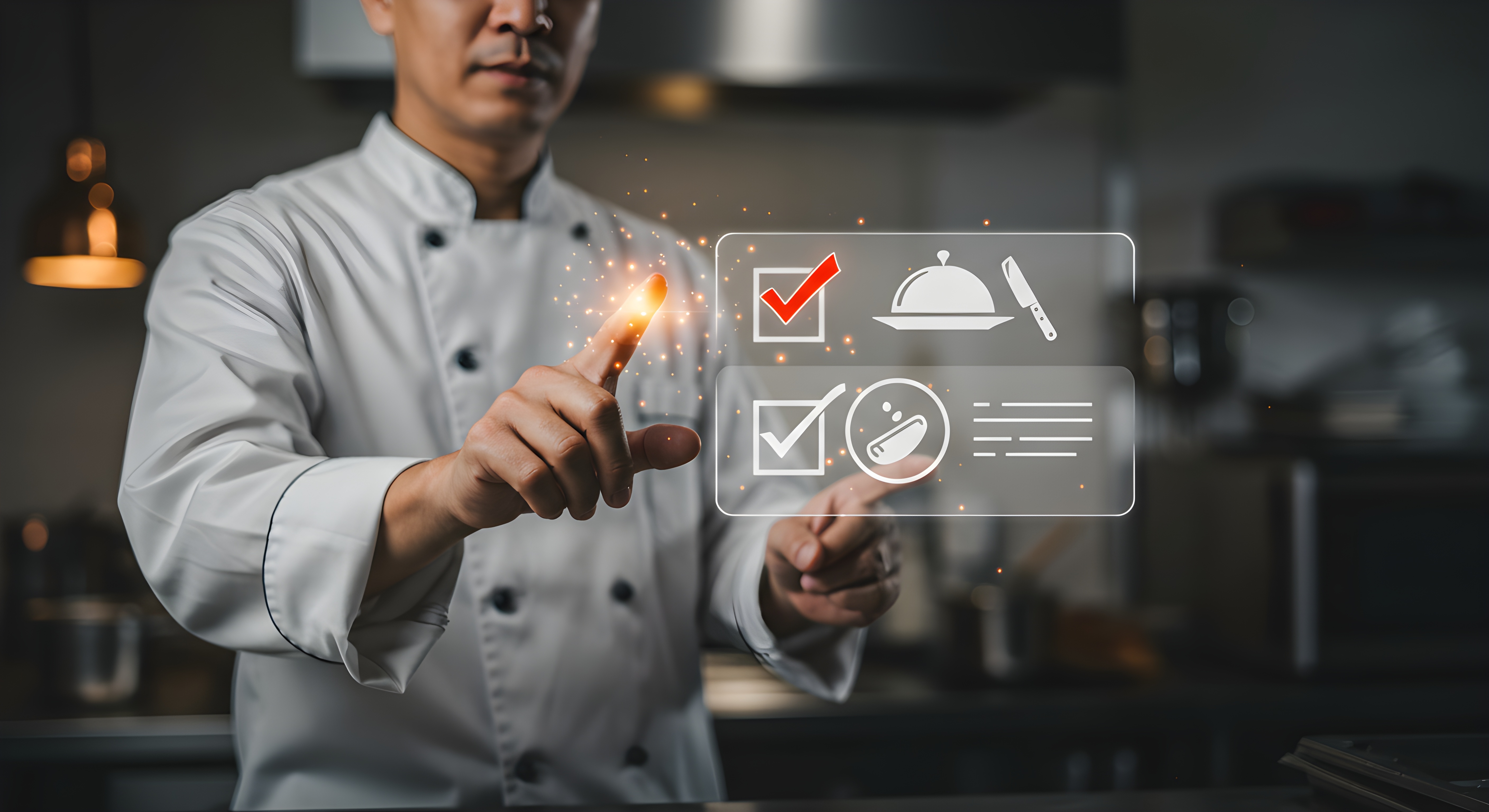 Restaurant working looking at paperwork and laptop