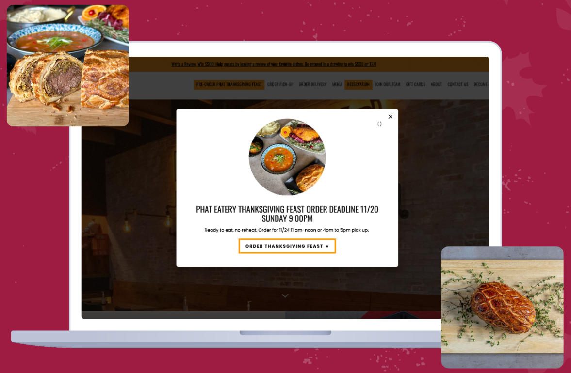A screenshot of Phat Eatery promoting a Thanksgiving Ordering event using a pop-up announcement on their website's home page.