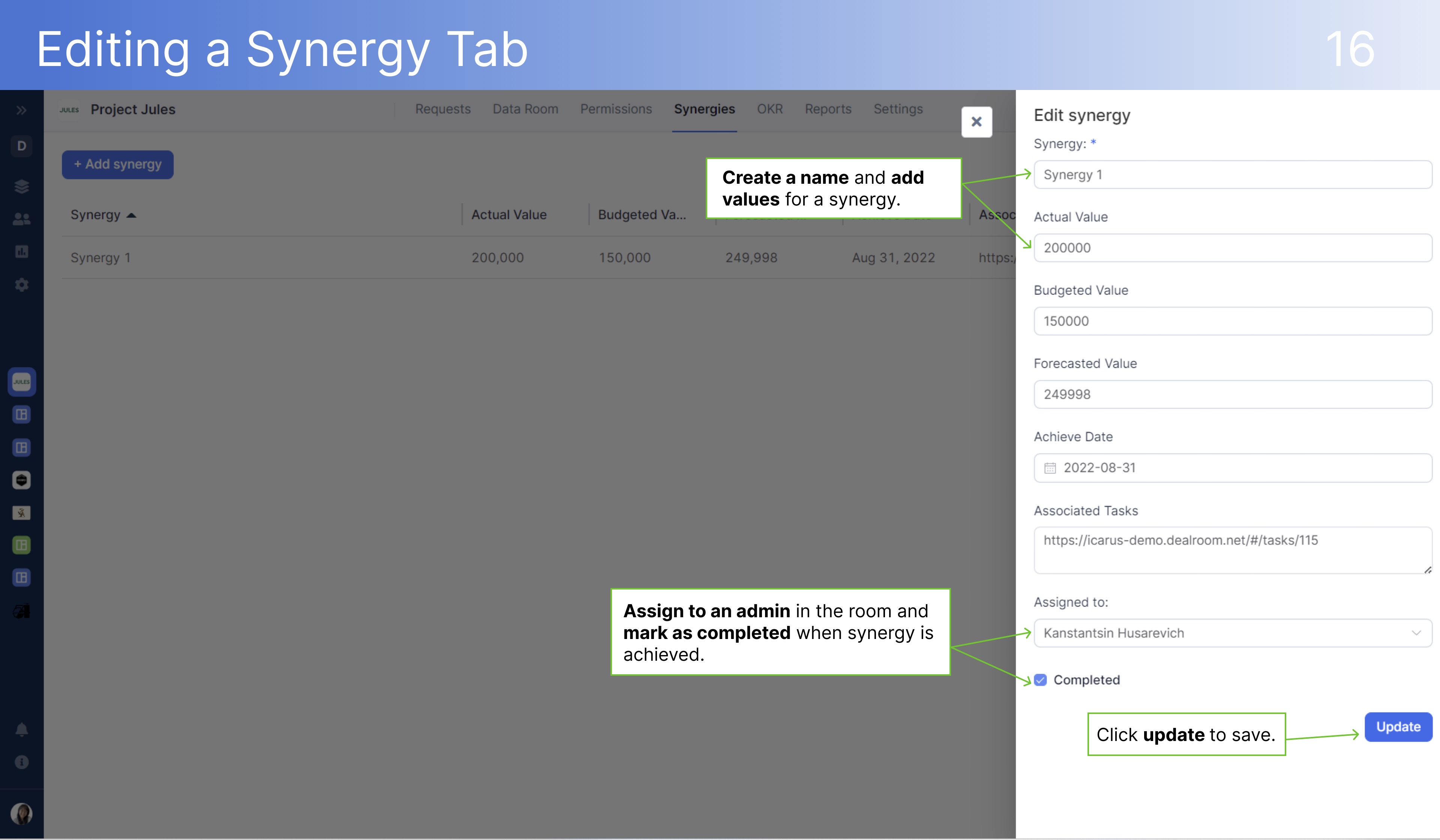 DealRoom Editing a Synergy Tab