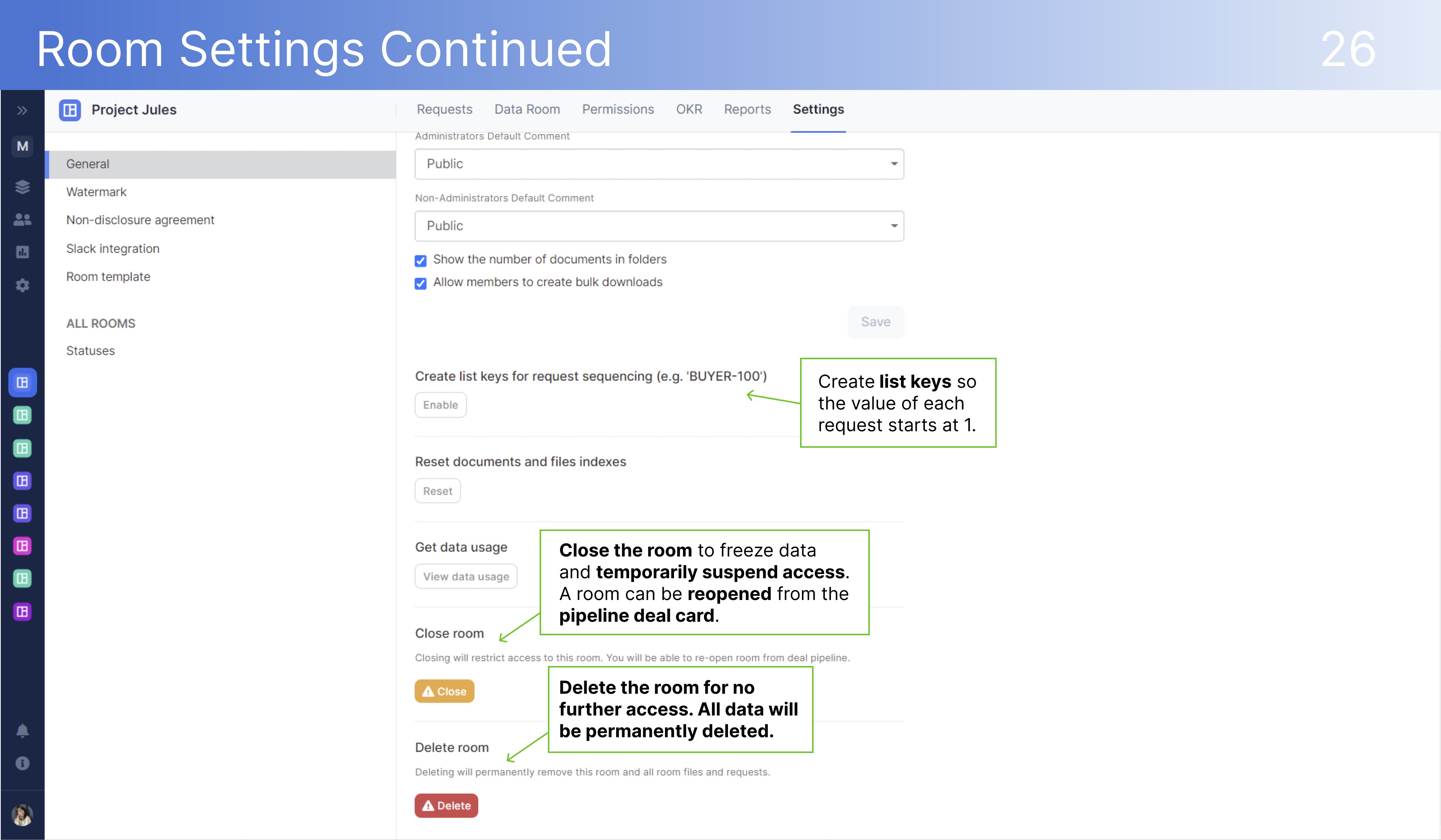 DealRoom room settings continued