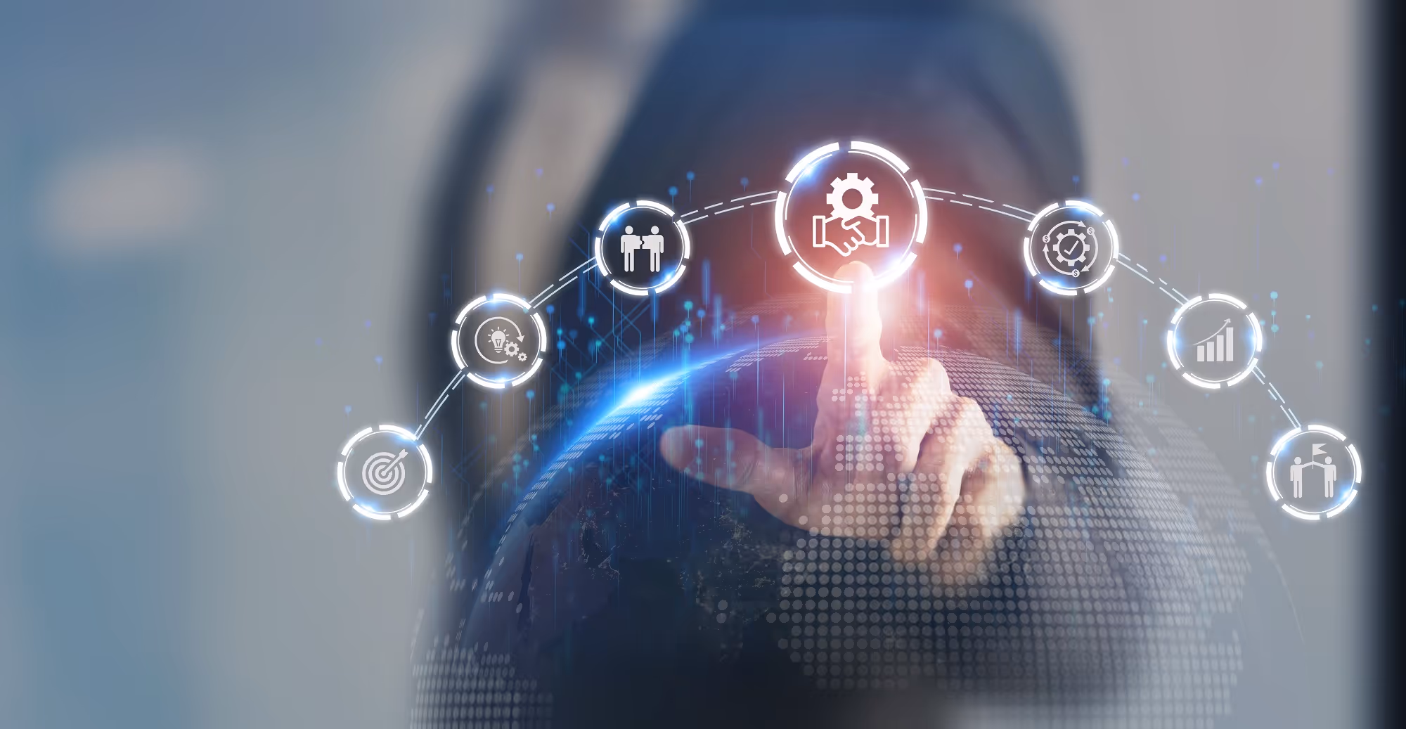 Business person touching a digital deal button