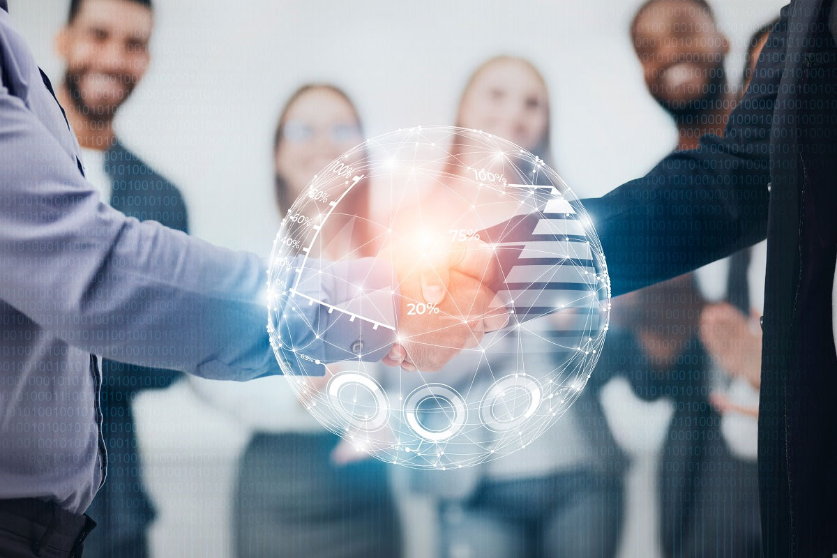 Business professionals shaking hands with digital analytics overlay, symbolizing technology-driven roll-up strategy in M&A