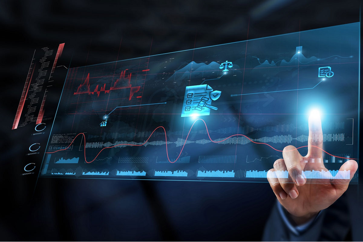 Business analyst using a digital dashboard with analytics graphs and compliance icons to evaluate risk, value creation, and due diligence metrics in an M&A process