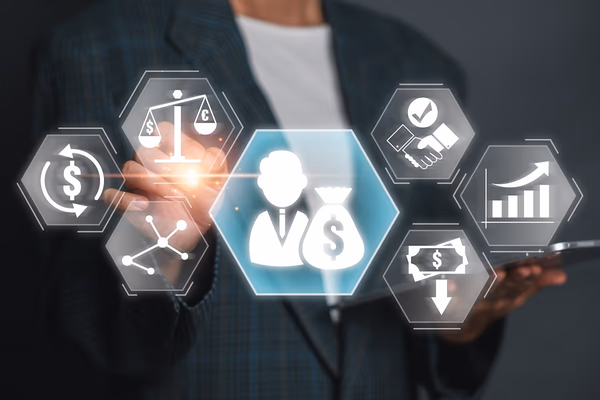 Private equity investor analyzing financial data using digital technology icons representing capital flow, ROI, and deal structures