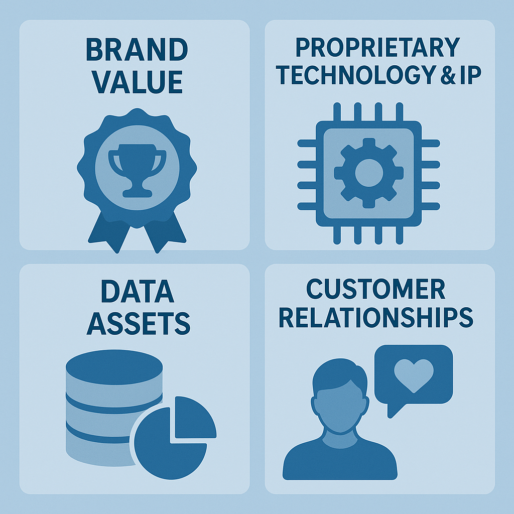 Illustration highlighting key intangible assets that drive company value, including brand value, proprietary technology and IP, data assets, and customer relationships