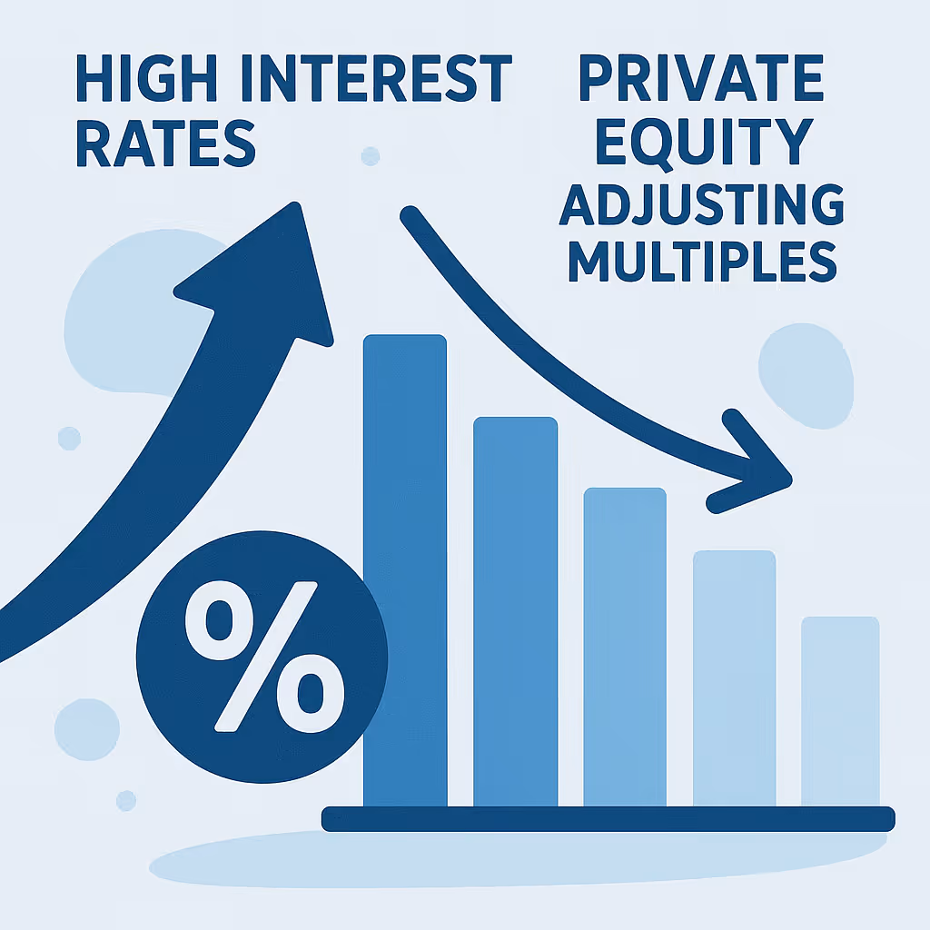 Illustration showing rising interest rates and declining private equity valuation multiples, with arrows and bar charts indicating downward pressure on valuations