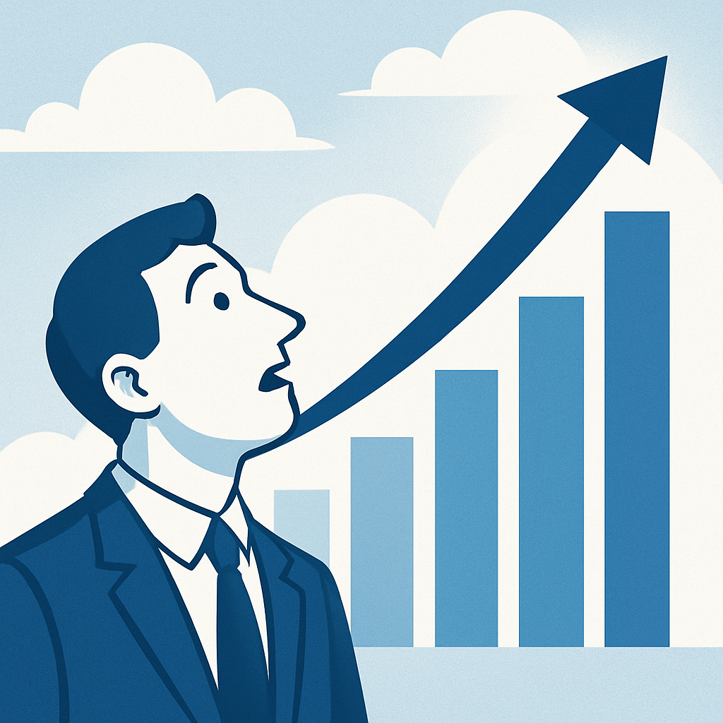 Illustration of a business professional looking at an upward-trending bar chart, representing optimistic growth assumptions used in company valuation models