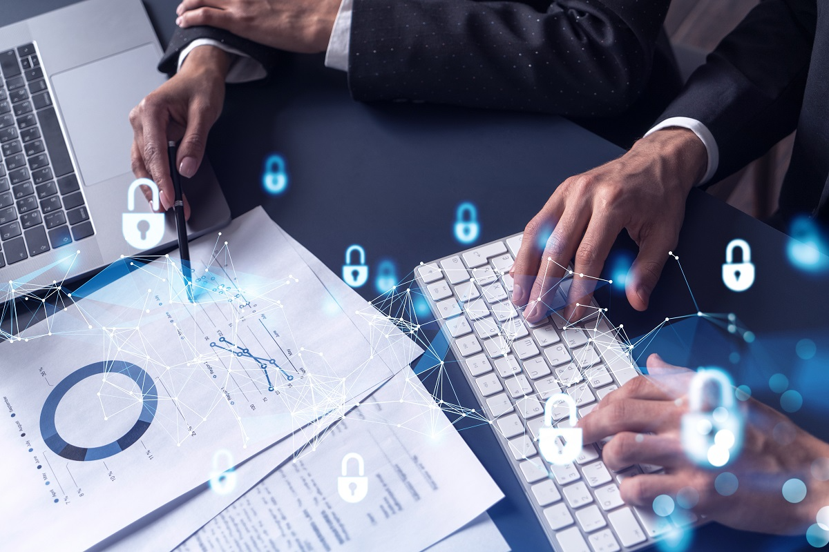 Due diligence process with financial reports and data security concept