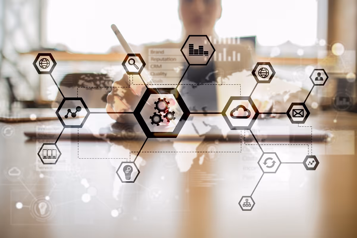 Digital business network with interconnected icons, illustrating technology-driven M&A integration and operations