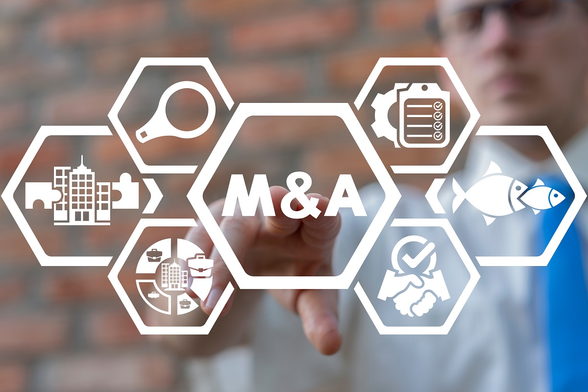 M&A concept graphic showing mergers and acquisitions icons for companies, due diligence, integration, and strategy