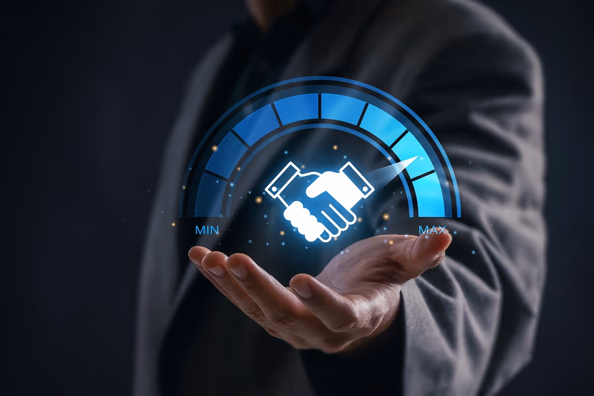 Digital handshake symbolizing agreement between buy-side and sell-side advisors in an M&A transaction