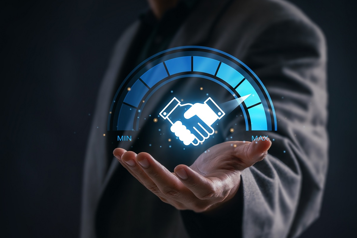 Digital handshake symbolizing agreement between buy-side and sell-side advisors in an M&A transaction