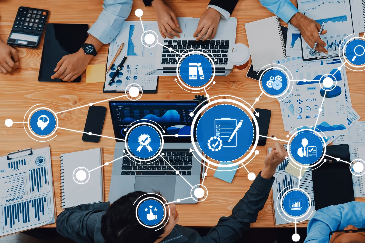 AI-powered legal due diligence workflow with team analyzing contracts, financial data, and risk dashboards across connected systems