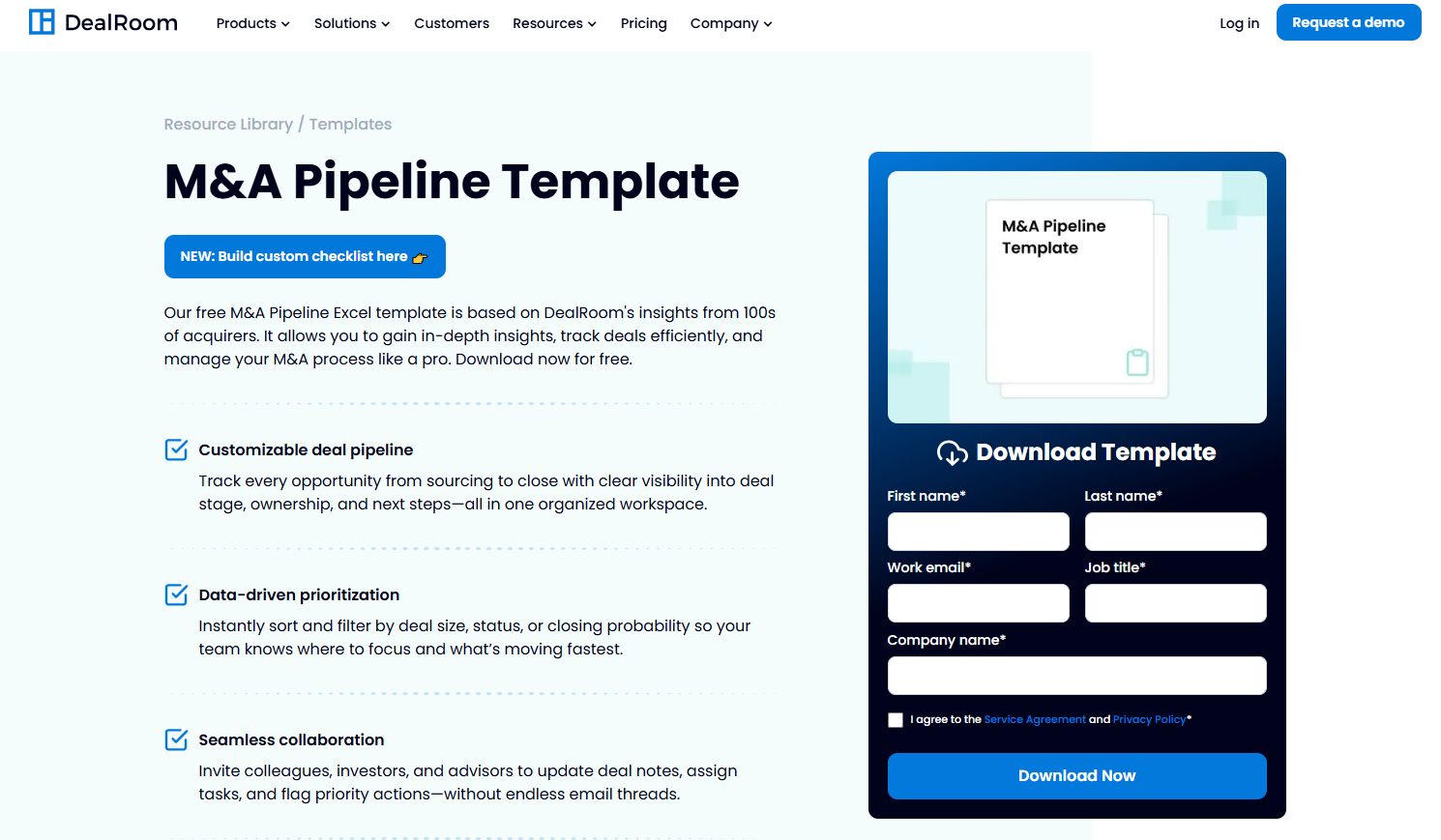 DealRoom M&A pipeline template for tracking deals, stages, and ownership in Excel
