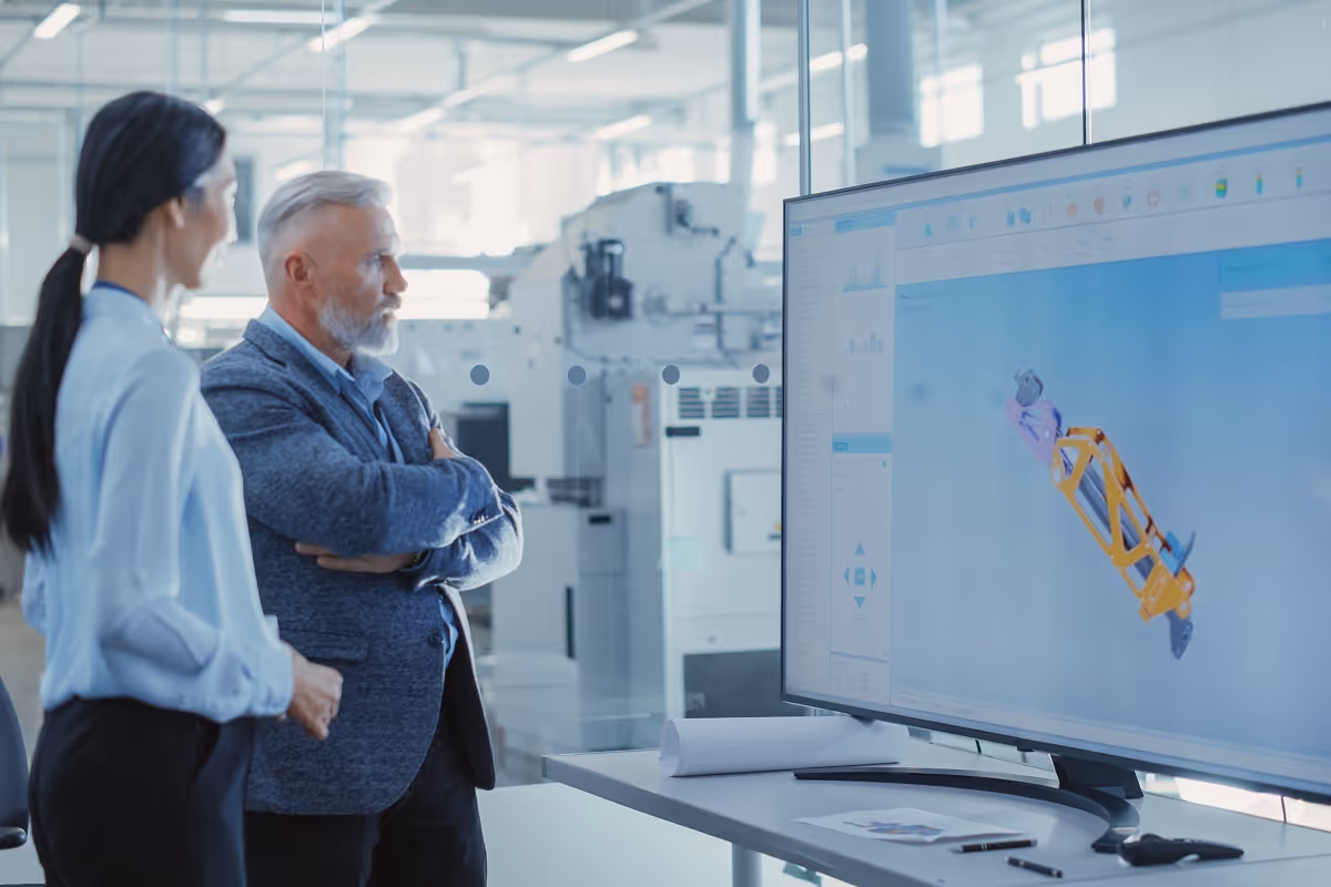 Engineers reviewing a 3D CAD model of a mechanical component in a modern manufacturing facility during due diligence assessment