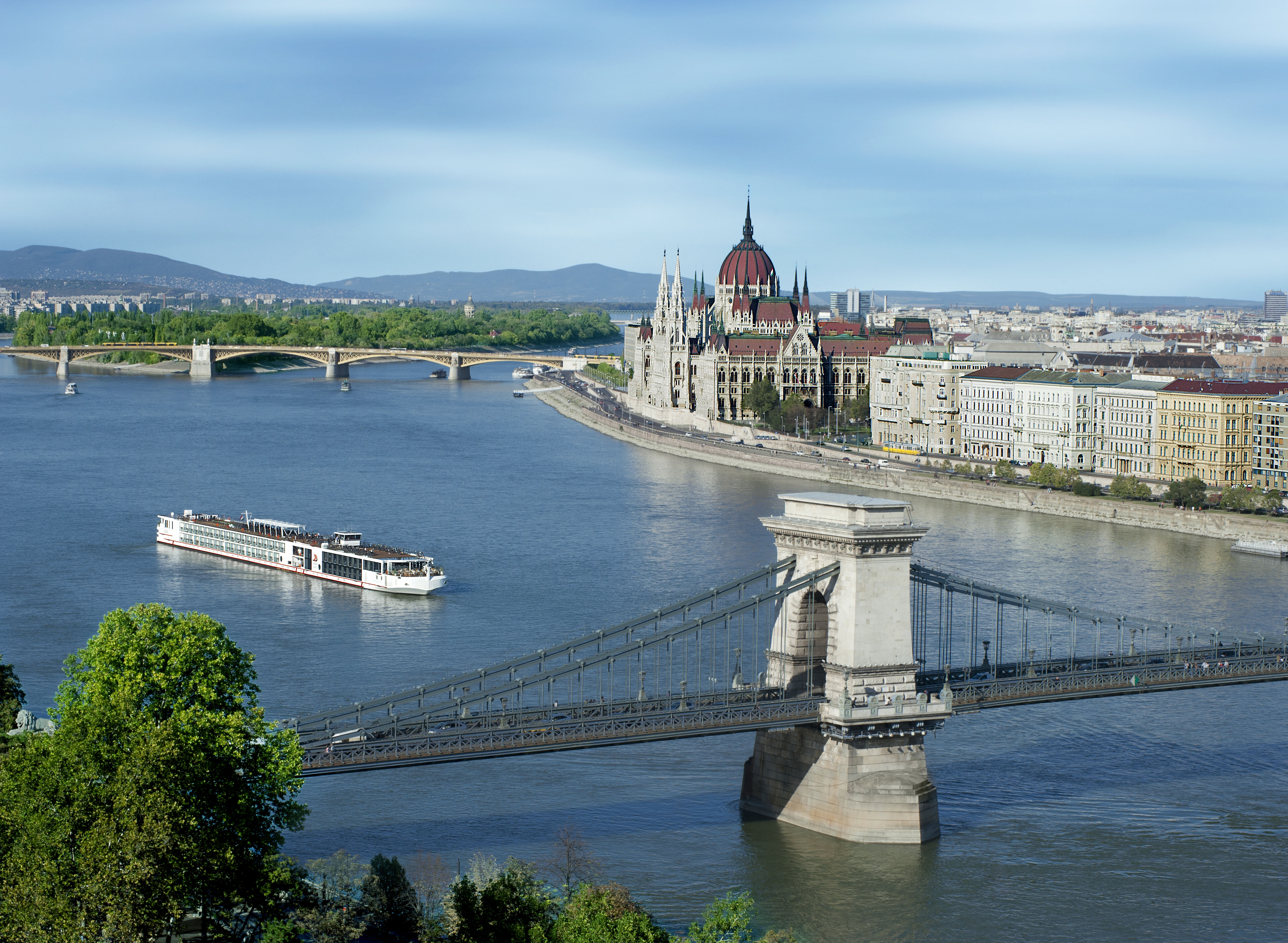 Viking river cruise ship sailing on the European Rivers with incredible scenic landscape