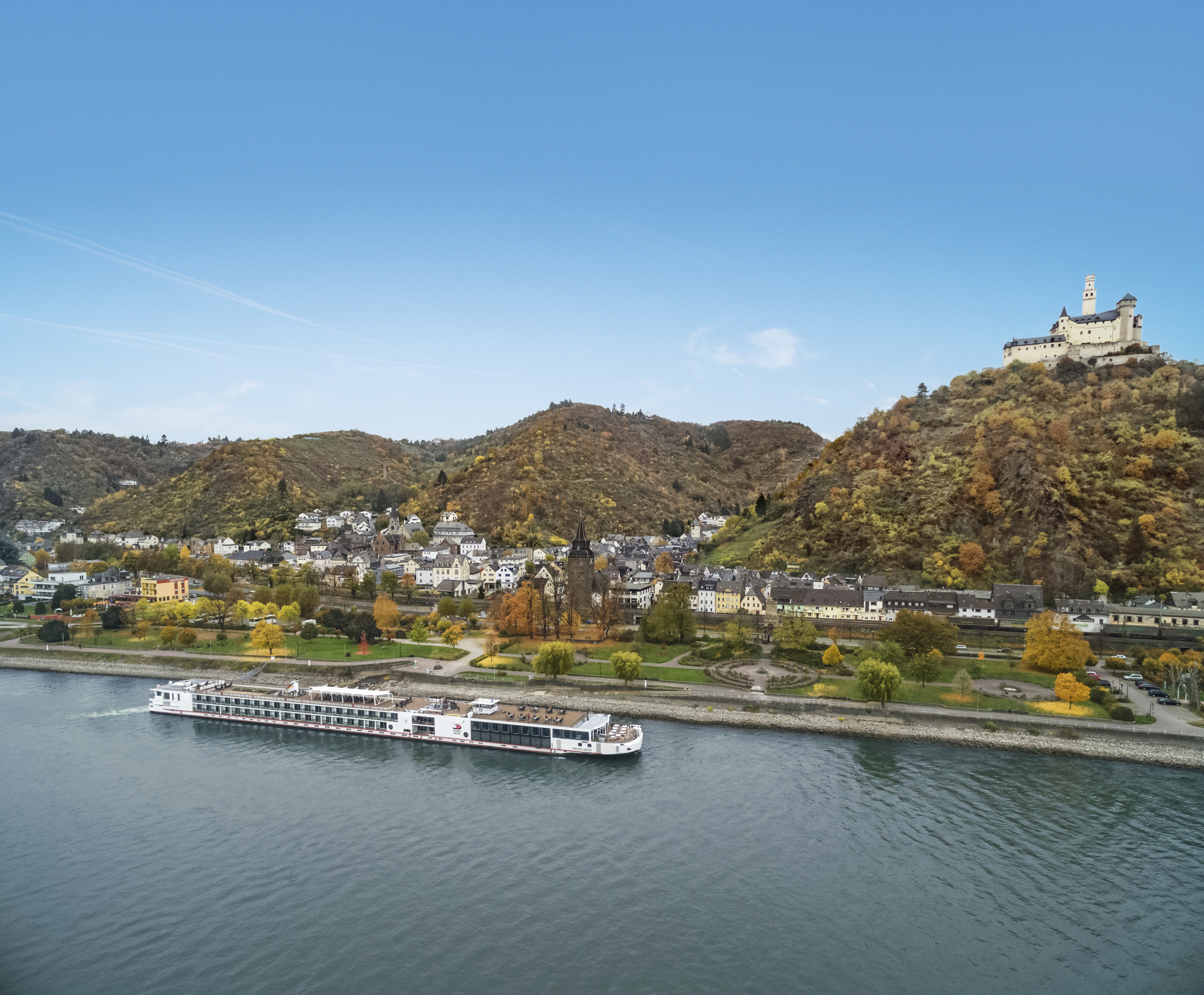 Viking Longboat traveling along the Rhine River