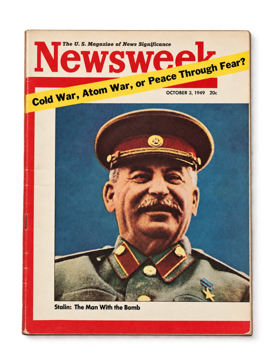 Couverture de Newsweek, 3 octobre 1949 : Cold War, Atom War, or Peace Through Fear?, avec Staline en couverture.