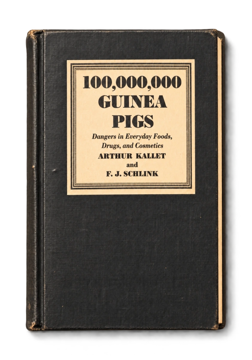 Couverture noire de 100,000,000 Guinea Pigs, Arthur Kallet et F. J. Schlink, 1933 : les dangers des aliments, médicaments et cosmétiques.