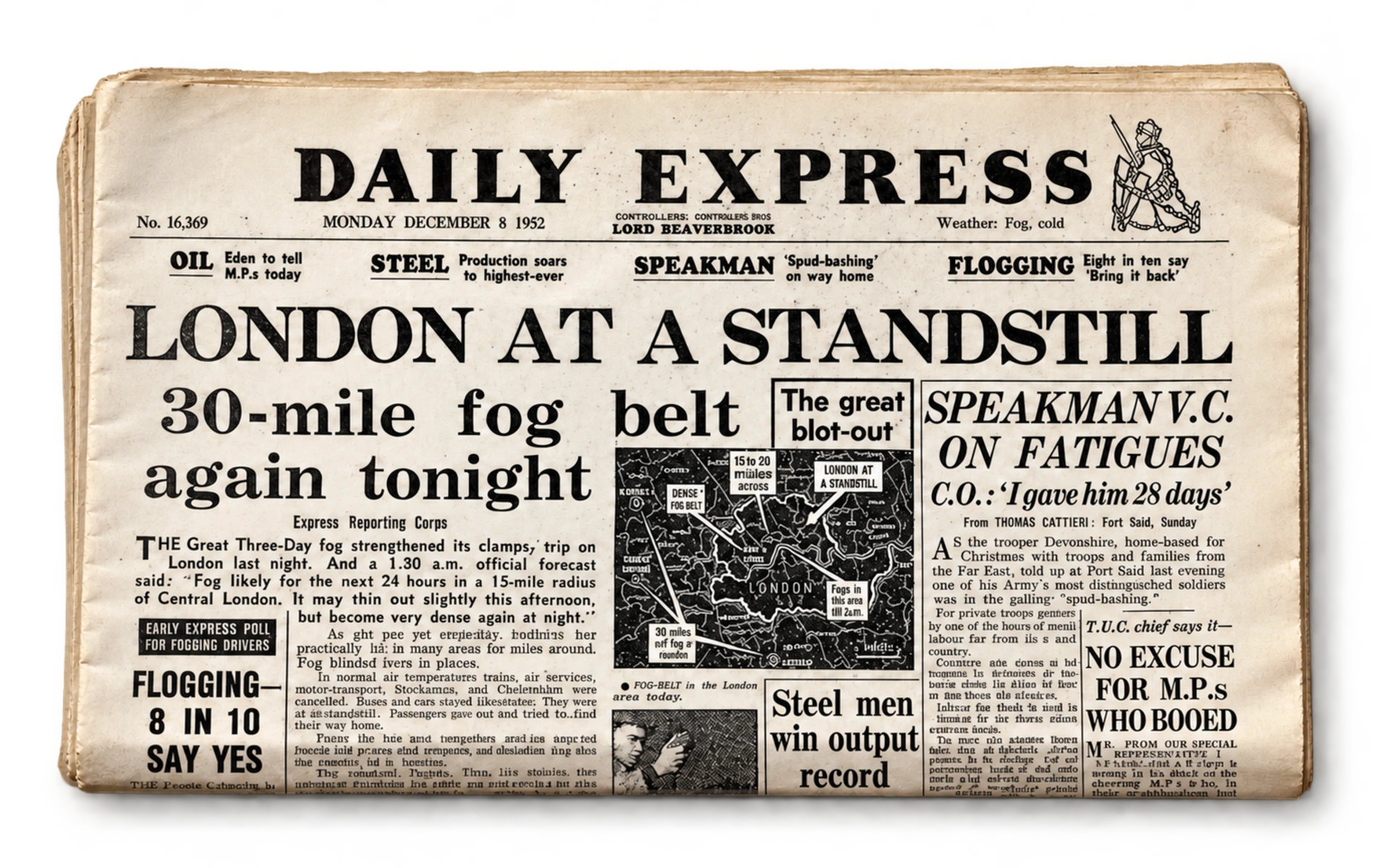 Couverture de Daily Express, 1952-12-08 — London at a Standstill — 30-mile fog belt again tonight