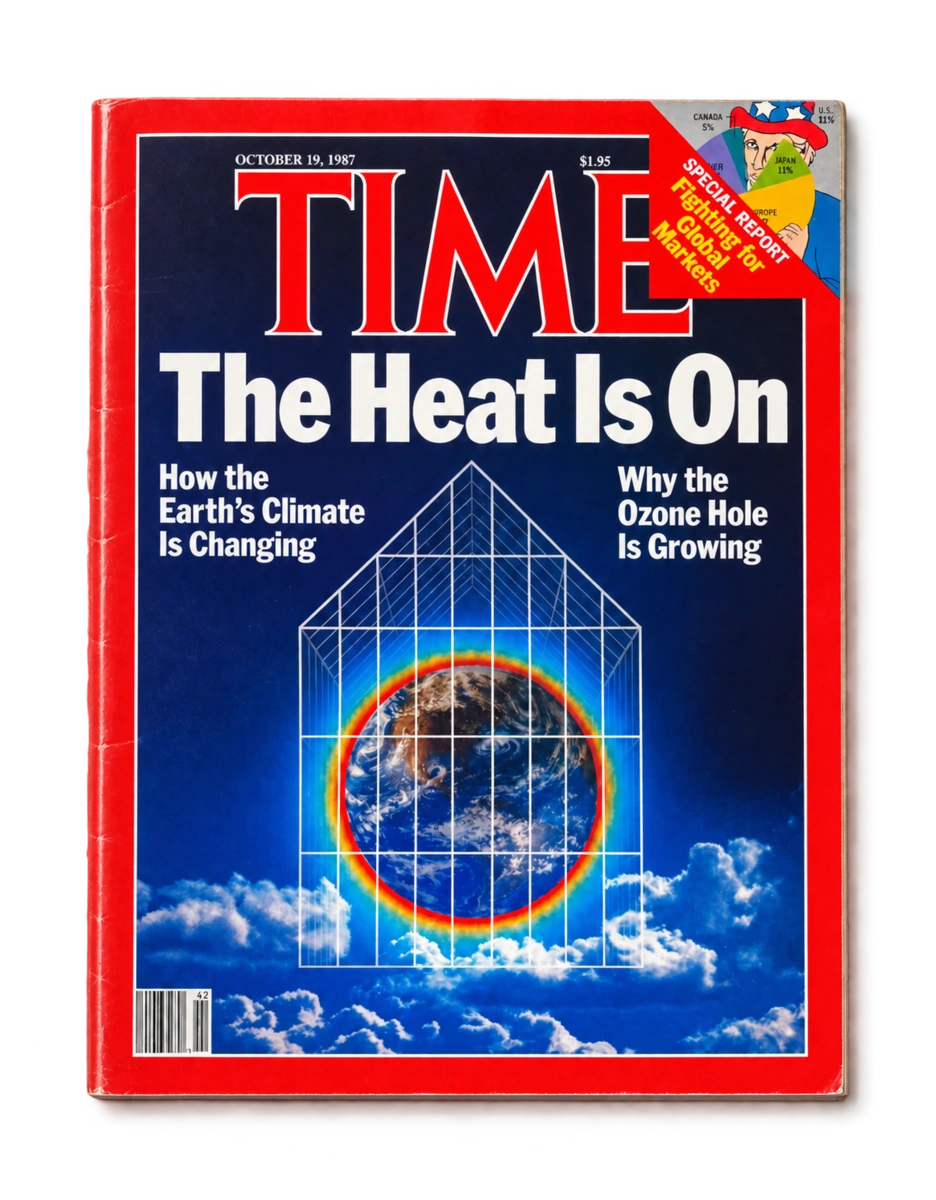 Couverture de TIME, 19 octobre 1987 : The Heat Is On, avec le trou dans la couche d’ozone et le changement climatique en couverture