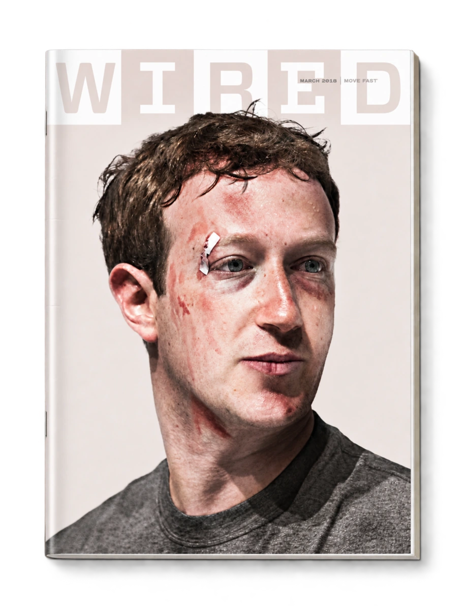 Couverture de WIRED, mars 2018 : portrait de Mark Zuckerberg malmené, photo-illustration de Jake Rowland pour le dossier sur les crises de Facebook.