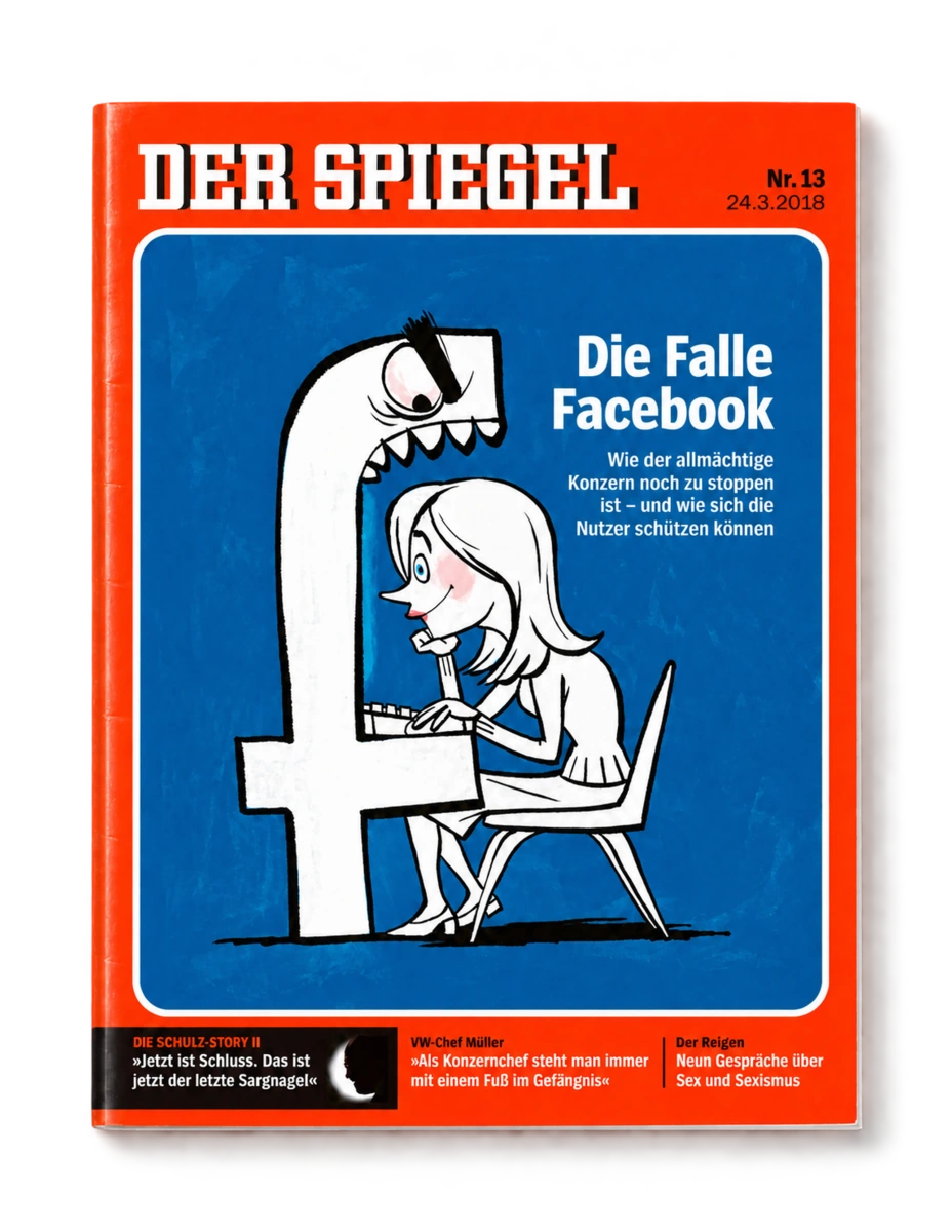 Couverture de Der Spiegel, 24 mars 2018 : Die Falle Facebook, le logo Facebook représenté comme un monstre au-dessus d’une utilisatrice.