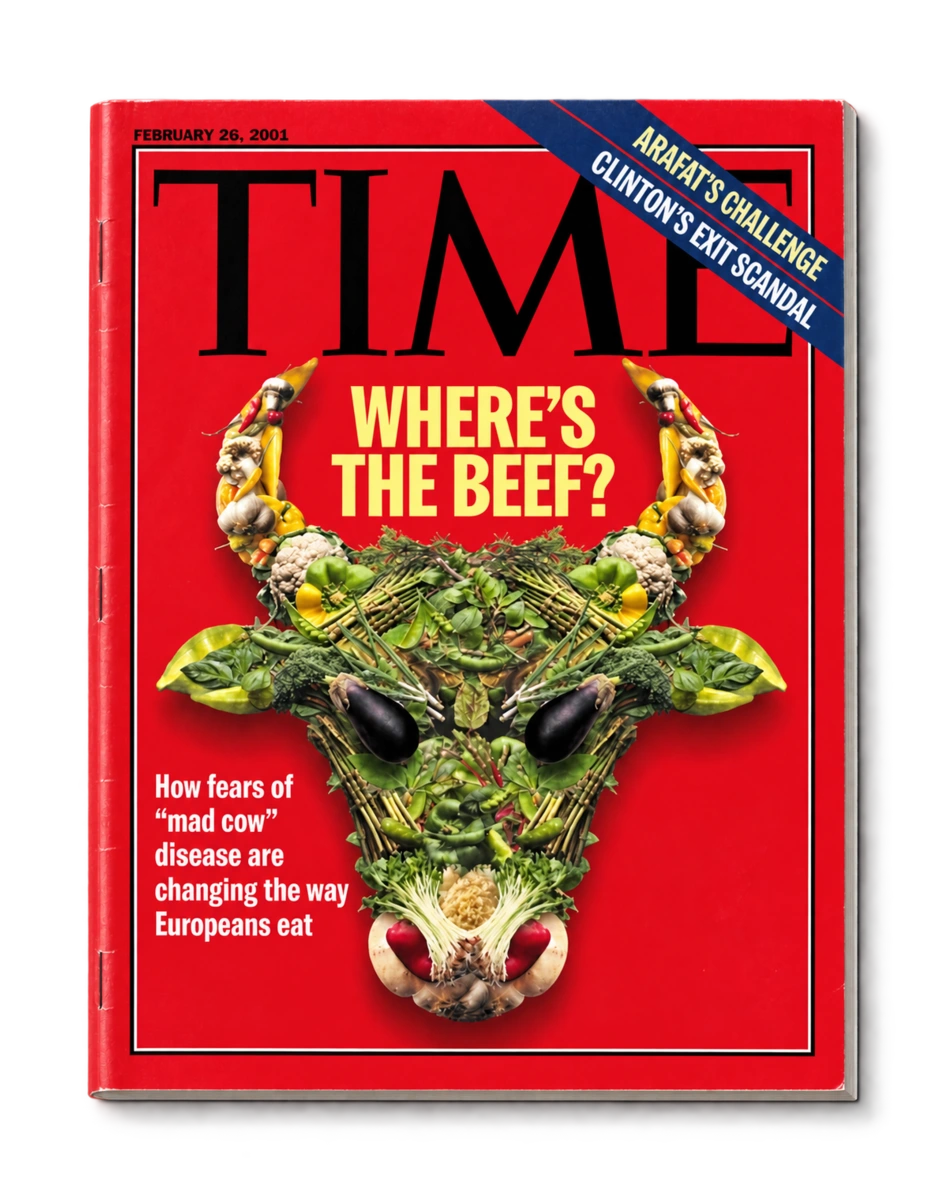 Couverture de TIME, édition Europe, 26 février 2001 : Where’s the Beef? — la peur de la vache folle