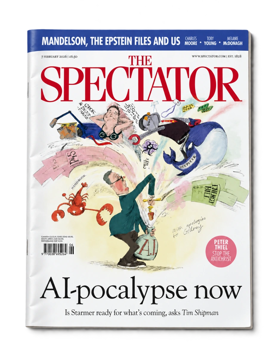 Couverture de The Spectator, 7 février 2026 : AI-pocalypse now, une couverture sur la préparation aux bouleversements de l’intelligence artificielle.