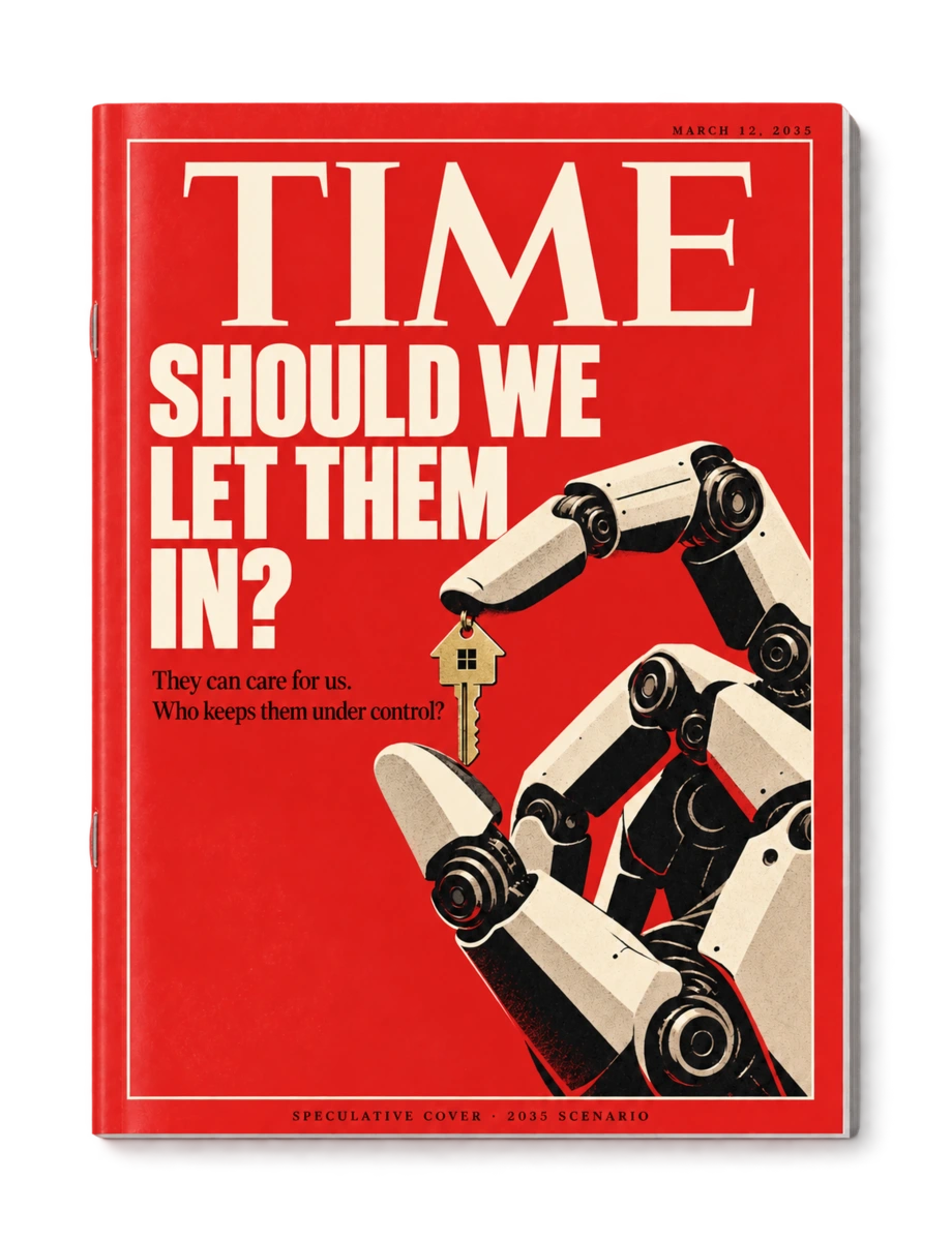 Couverture fictive de TIME datée de 2035 : une main robotique tient une clé de maison sur fond rouge, sous le titre Should We Let Them In?