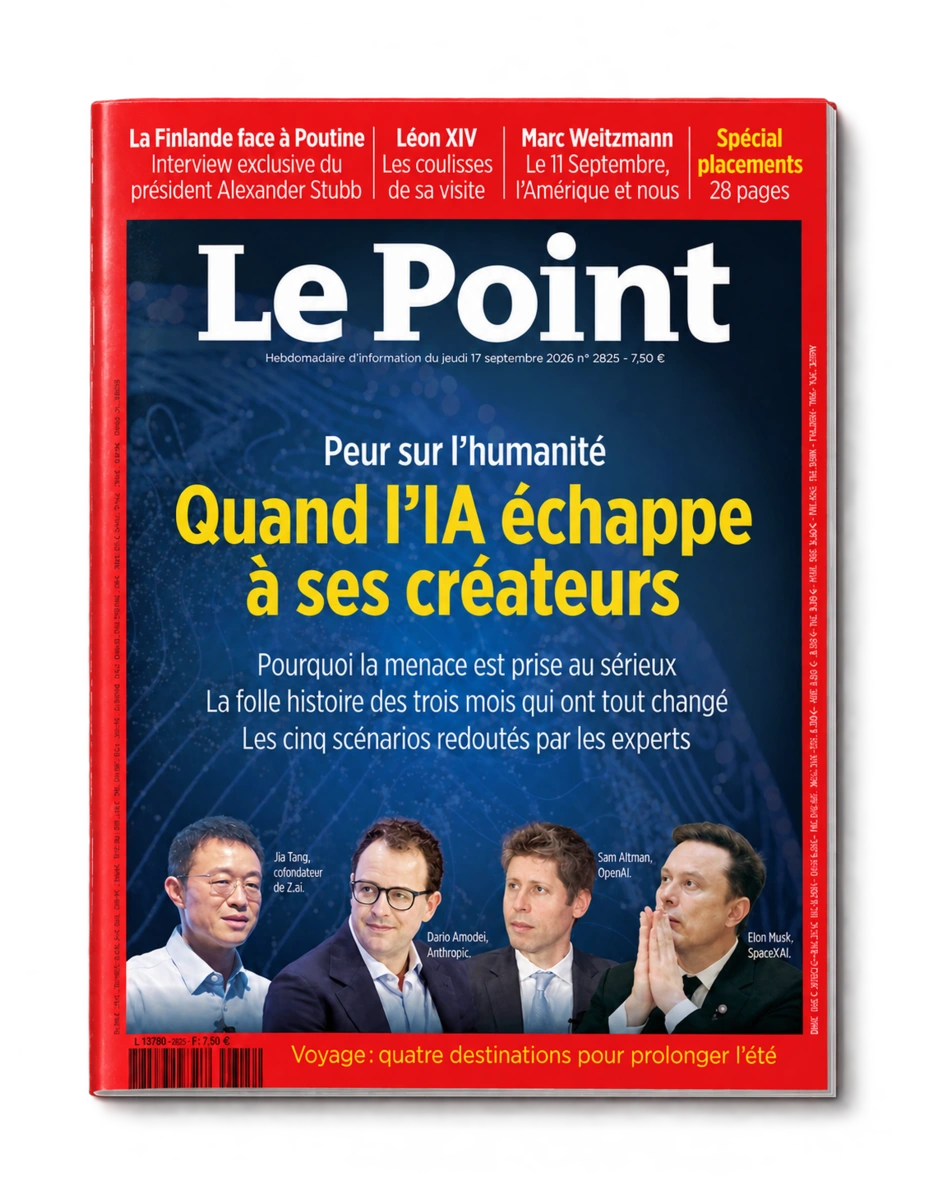 Couverture de Le Point, 17 septembre 2026, n° 2825 : Peur sur l’humanité — Quand l’IA échappe à ses créateurs.