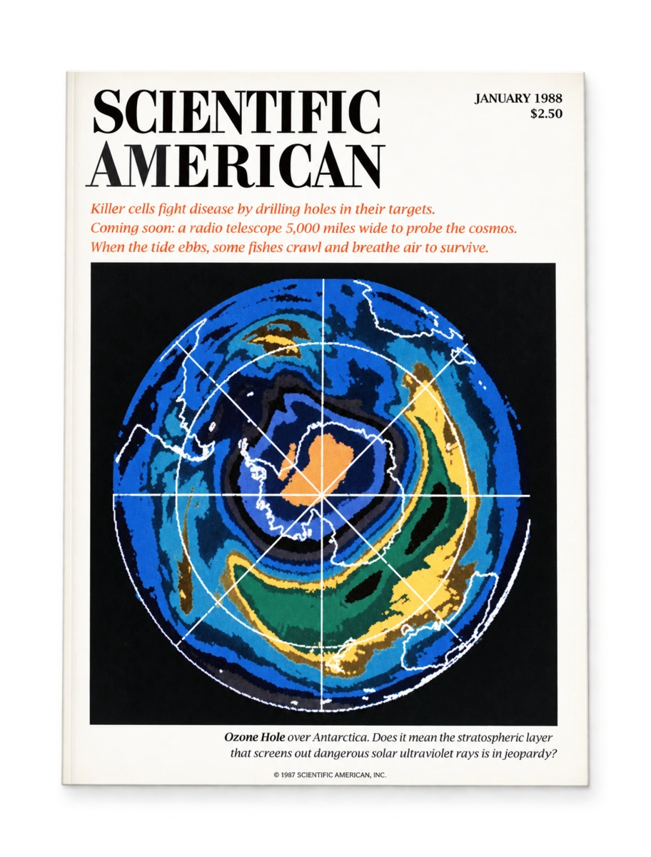 Scientific American, janvier 1988. « Ozone Hole over Antarctica » : le trou dans la couche d’ozone et la protection contre les ultraviolets en couverture.