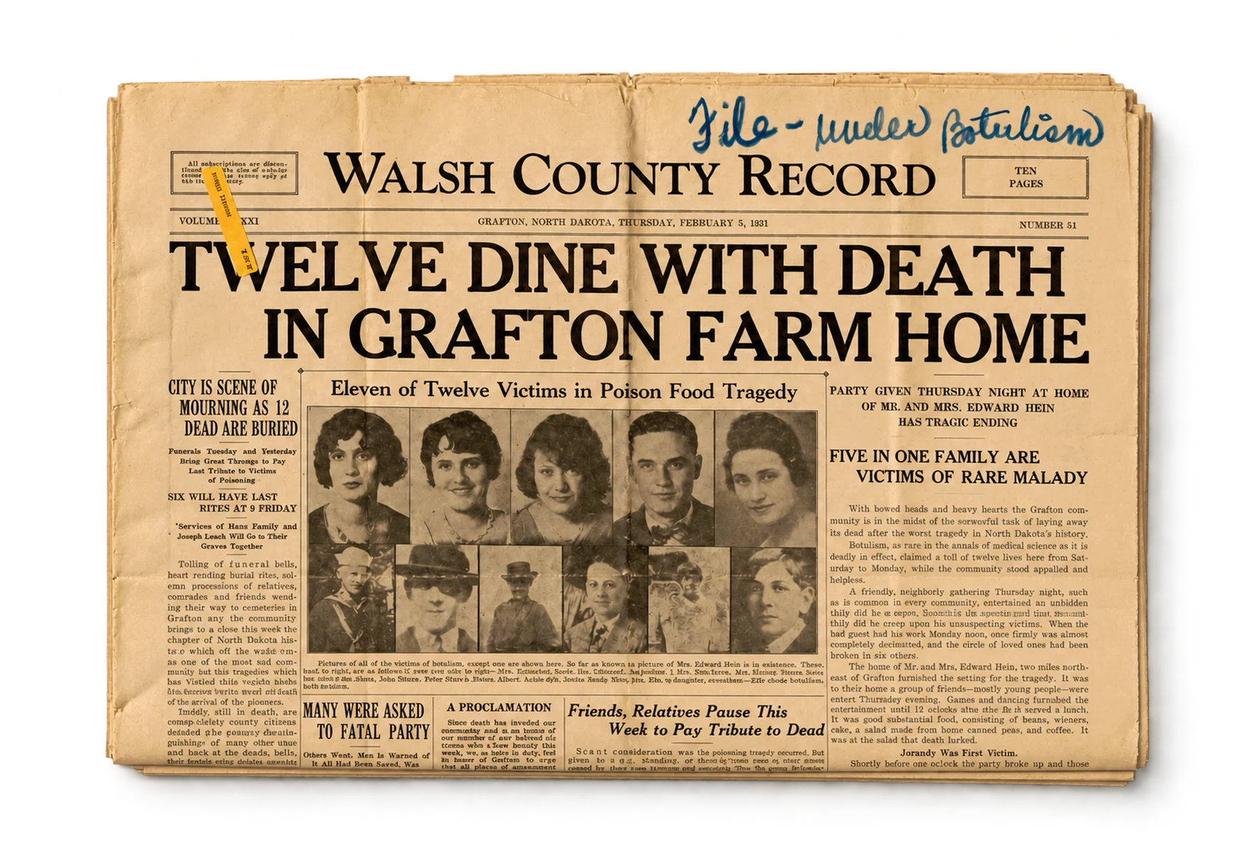 Une du Walsh County Record du 5 février 1931 annonçant douze morts par botulisme après un repas à Grafton.