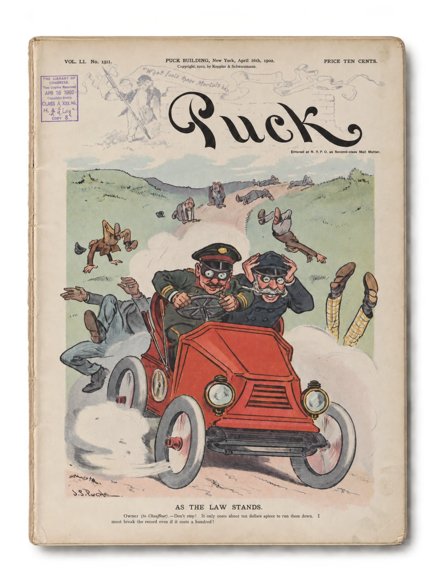 Puck, 16 avril 1902, vol. LI, n° 1311. « As the law stands » : une automobile renverse des piétons.