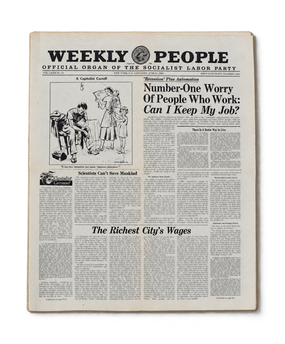 Weekly People, 30 juin 1962. « Can I Keep My Job? » : « Vais-je garder mon emploi ? », sous le titre « Récession et automatisation ».
