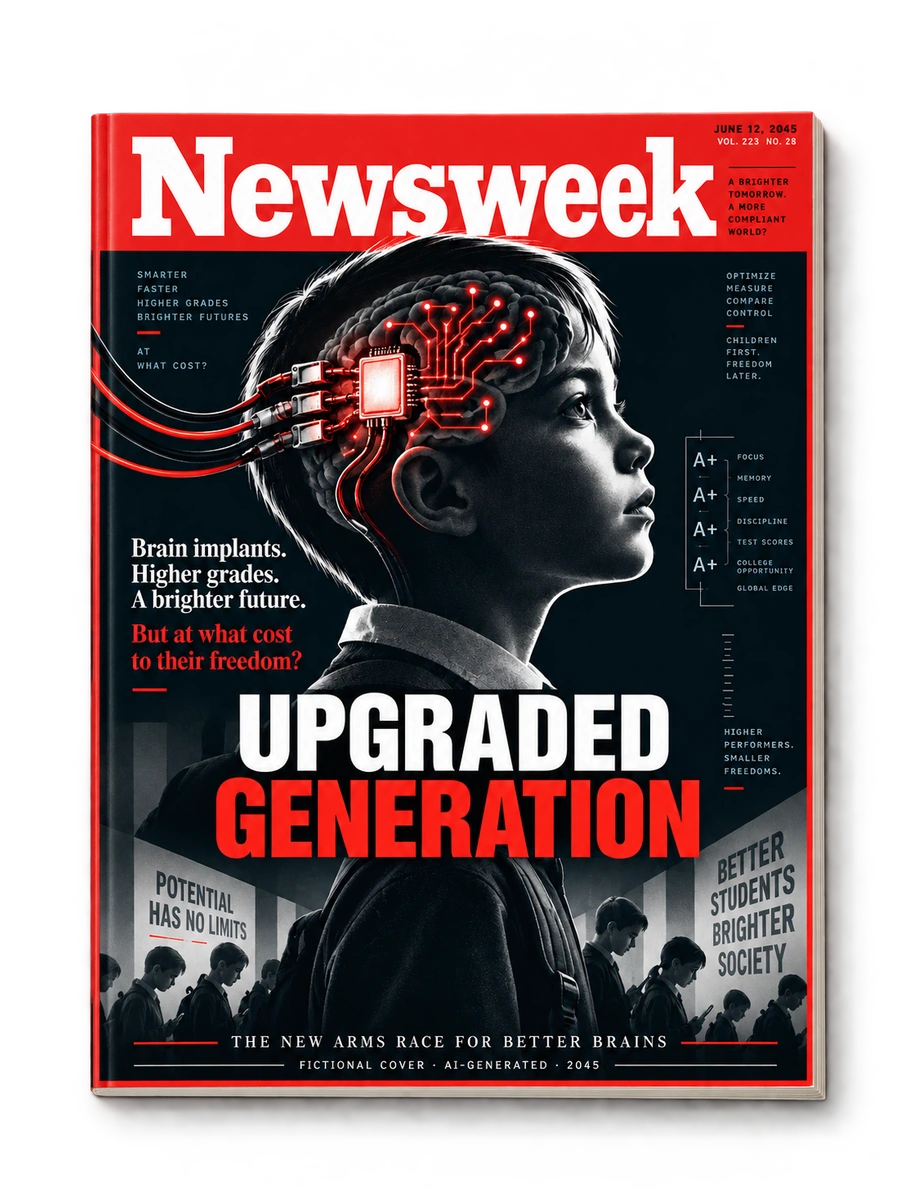 Fausse une de Newsweek inventée avec l’IA, datée du 12 juin 2045 : un enfant porte un implant cérébral rouge, sous le titre Upgraded Generation. Couverture fictive, sans numéro publié ou annoncé.