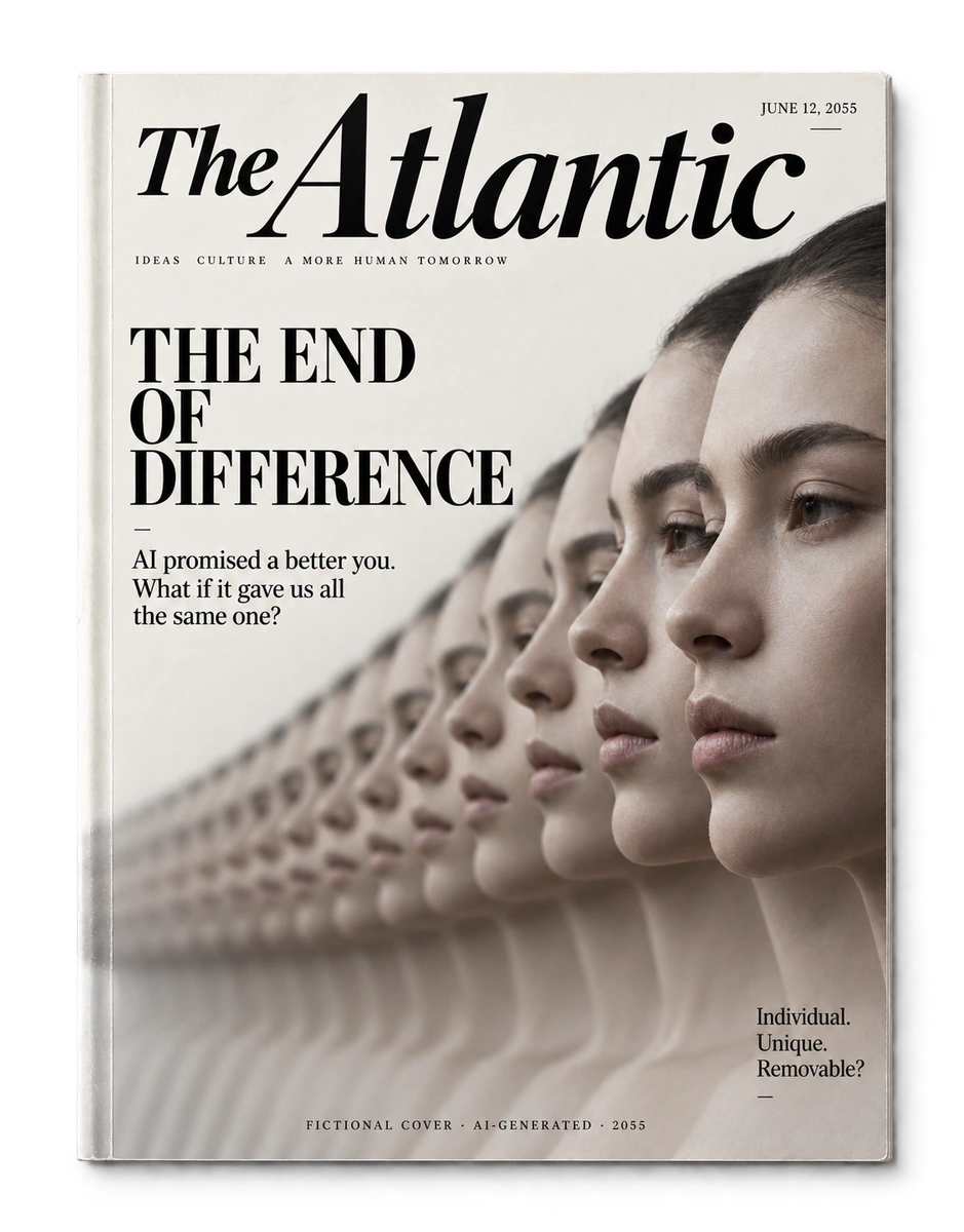 Fausse une de The Atlantic inventée avec l’IA, datée du 12 juin 2055 : une succession de visages identiques illustre la disparition de la singularité humaine, sous le titre The End of Difference. Couverture fictive, sans numéro publié ou annoncé.