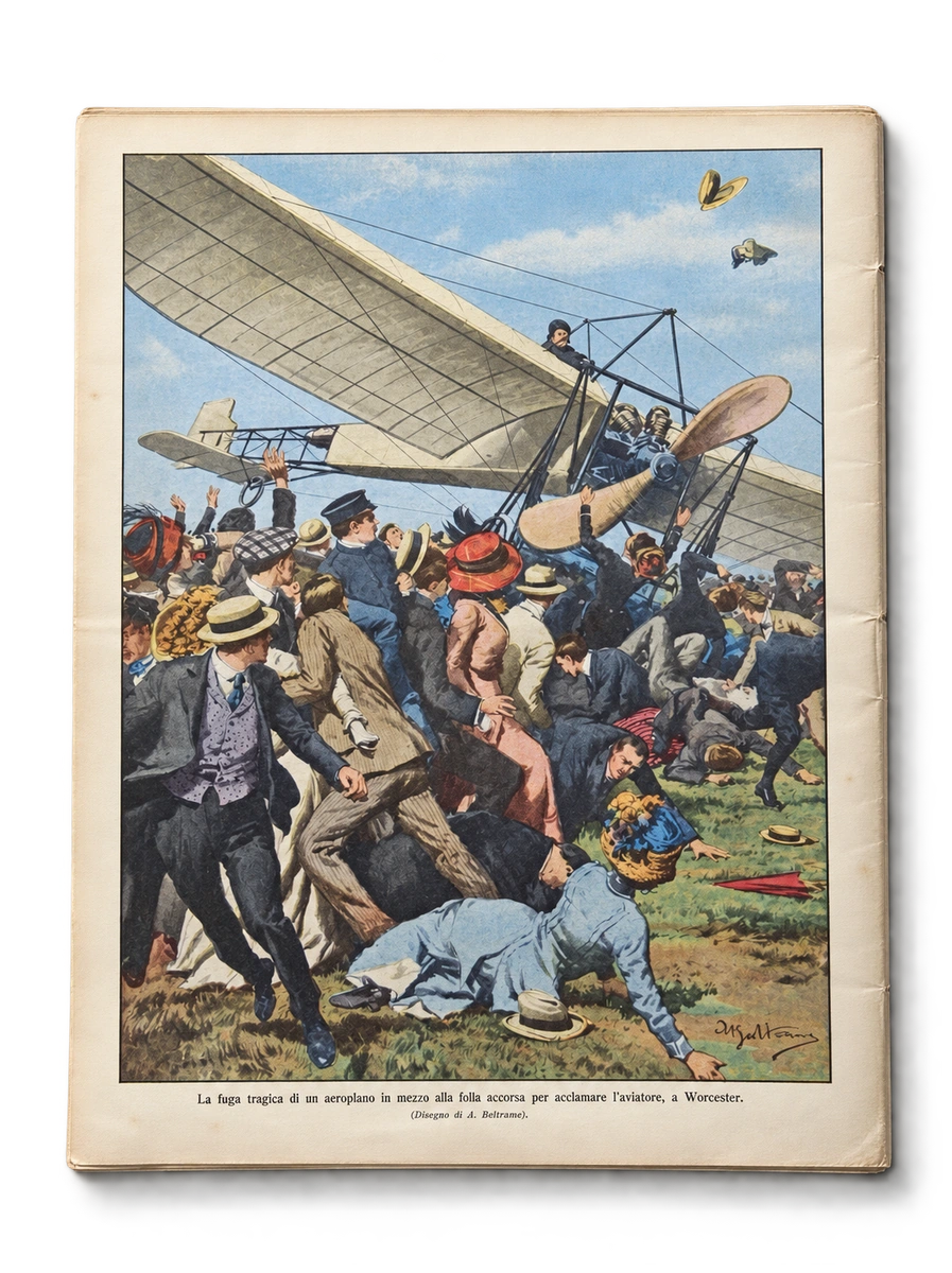 Quatrième de couverture de La Domenica del Corriere, 19–26 juin 1910, année XII, n° 25. Achille Beltrame représente un avion fonçant au milieu de la foule venue acclamer l’aviateur à Worcester.