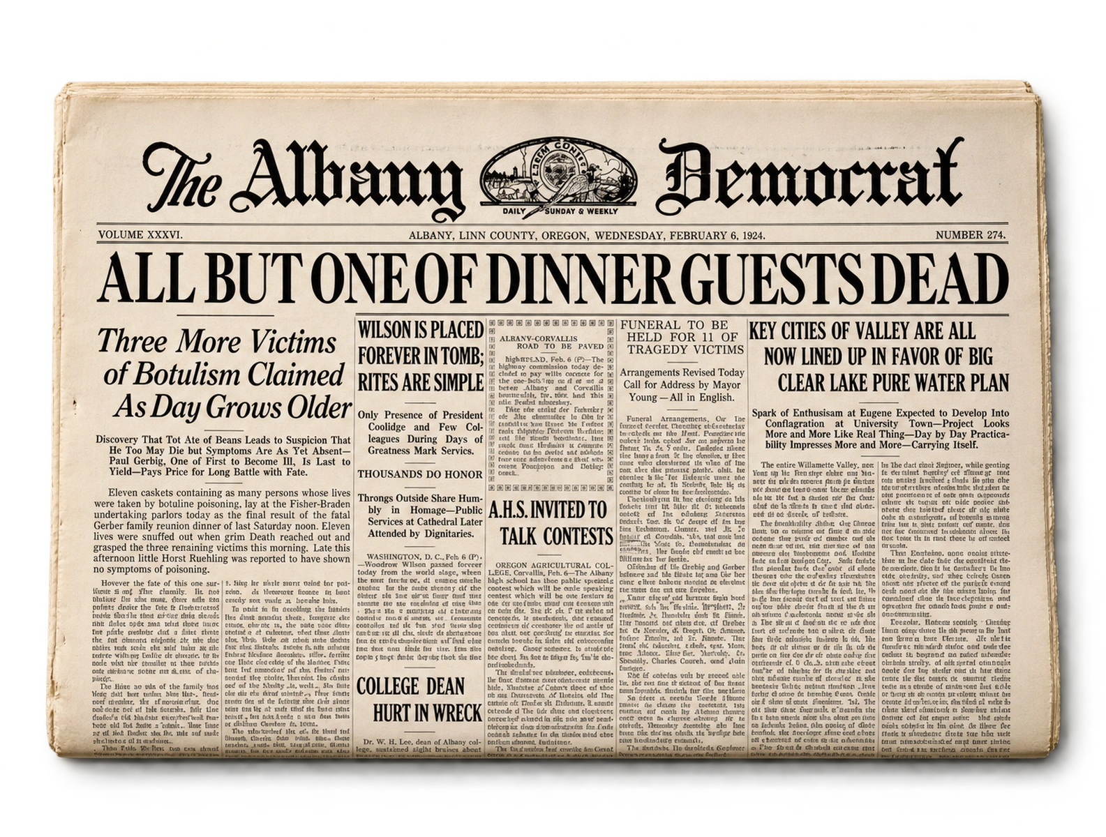 Une du journal The Albany Democrat du 6 février 1924 : All But One of Dinner Guests Dead. Intoxication par des haricots conservés à domicile à Albany, en Oregon. Illustration réalisée avec l’IA d’après le scan de l’Université de l’Oregon.