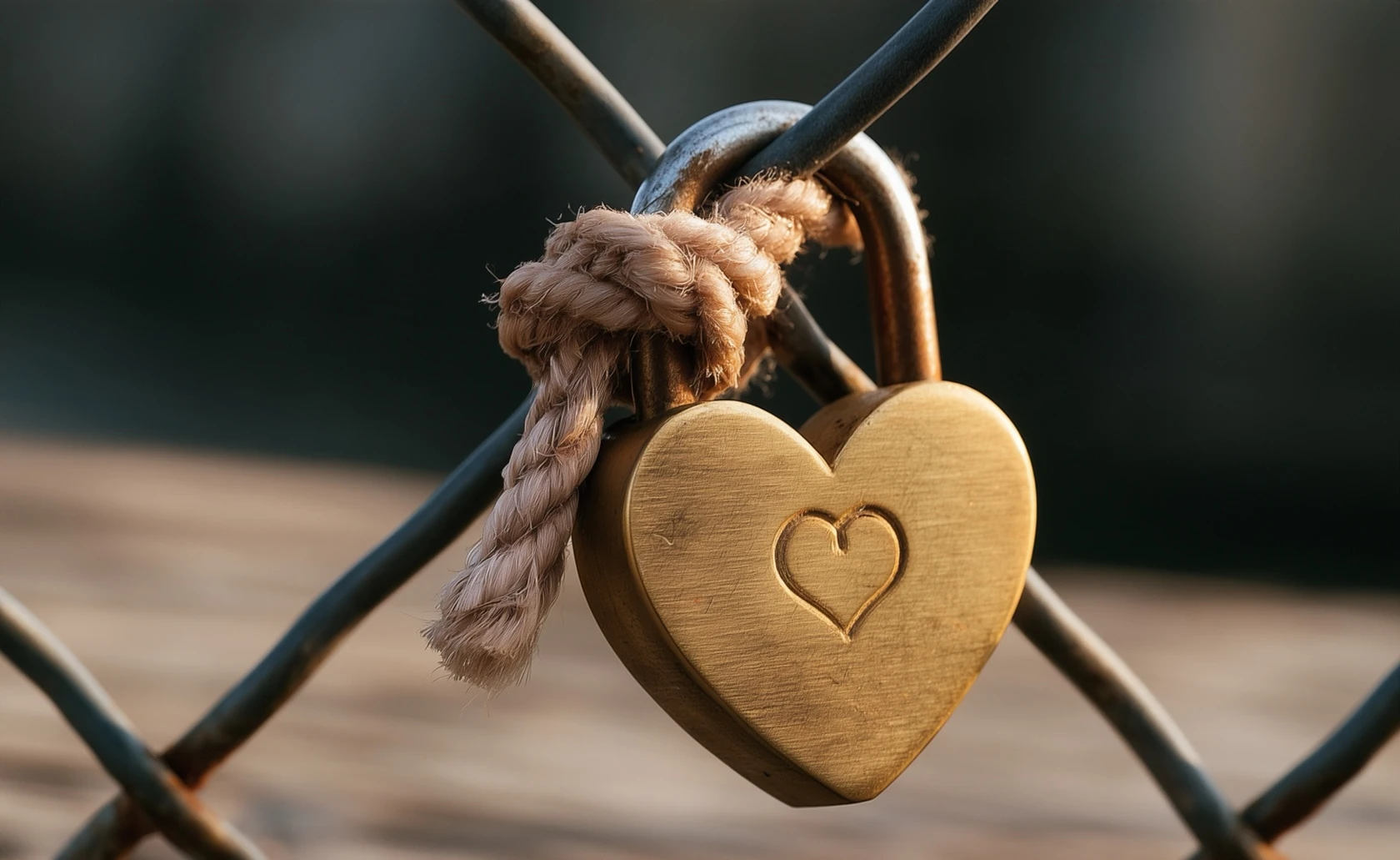Un cadenas doré en forme de cœur, attaché à un grillage avec une corde.