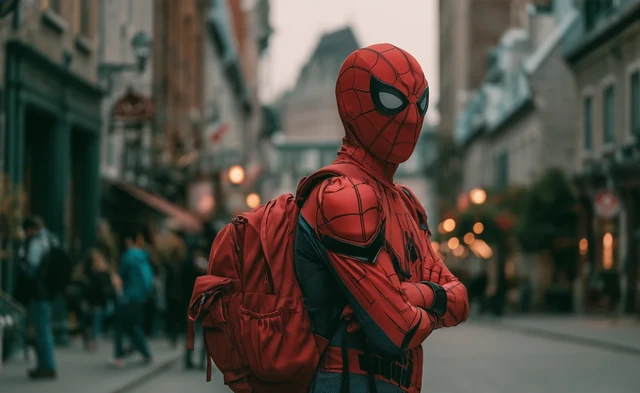 Un visiteur en costume de Spider-Man avec un sac à dos rouge.