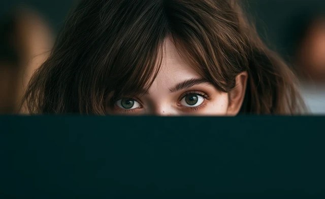 Les yeux d’une jeune fille au-dessus d’un panneau sombre.